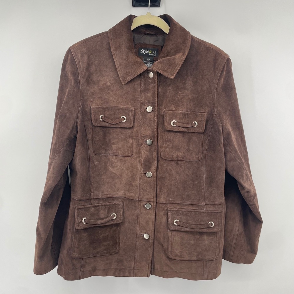Style&co Jacket Women 18W Brown Suede Leather Button Front Utility Barn Coat